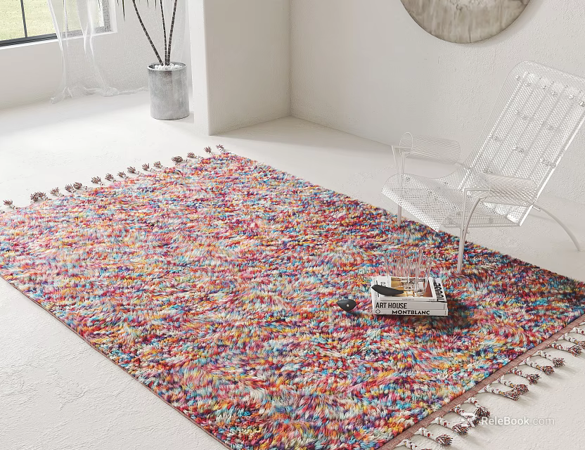 Colorful Knitted Square Rug With Tasseled Edges In Modern Room With Transparent Chair And Books 3d model 