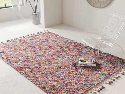 Colorful Knitted Square Rug With Tasseled Edges In Modern Room With Transparent Chair And Books 3d model