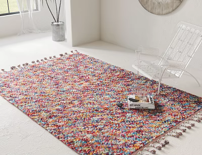Colorful Knitted Square Rug With Tasseled Edges In Modern Room With Transparent Chair And Books 3d model