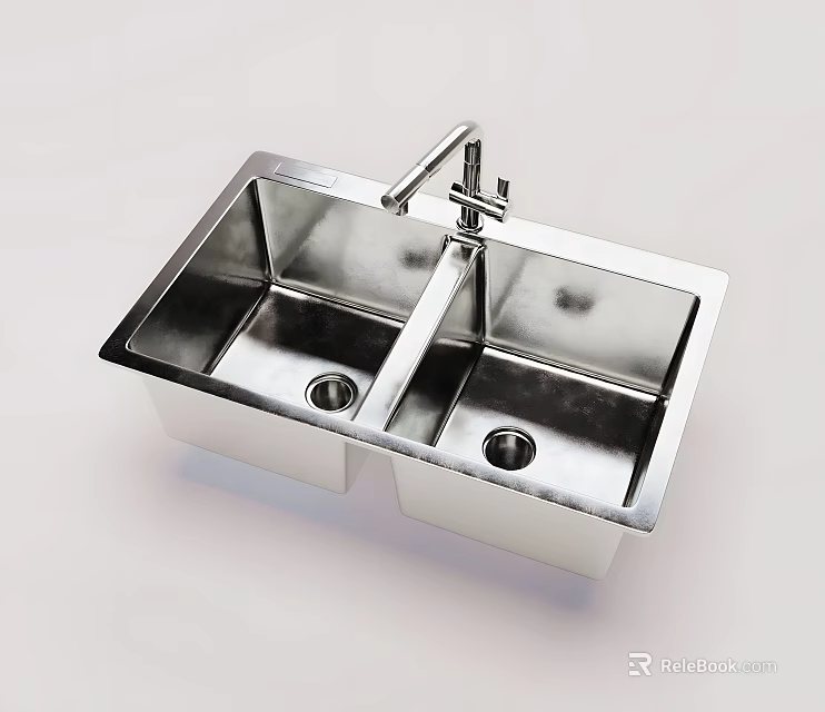 Stainless Steel Double Bowl Kitchen Sink With Modern Faucet And Durable Design 3d model 