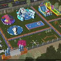 Vibrant Amusement Park With Water Slides Colorful Tents Pools And Lush Grass Areas