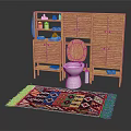 Bathroom Living Essentials With Wooden Cabinet Shutter Doors Toilet Colorful Rug And Toiletries