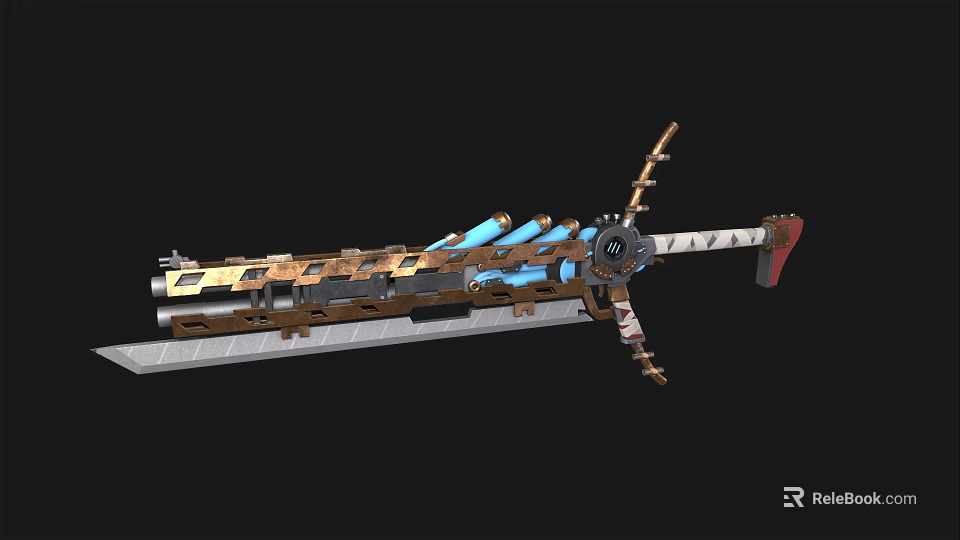 Futuristic Mechanical Sword Weapon With Metal Construction Blue Pipes And Gear Design 3d model 