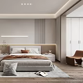 Modern Bedroom Interior Design With Comfortable Bed Pillows Artwork Wooden Floor Rug And Recessed Lighting