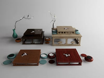 Traditional Board Game Entertainment Display With Various Wooden Game Tables Chess Boards And Stone Pieces 3d model