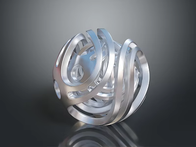Silver Metallic Sphere With Interlaced Metal Strips Smooth Reflective Surface On Dark Background 3d model