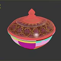 Decorative Floral Patterned Storage Box With Purple Gold Blue Design And Golden Spire Lid