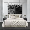 Elegant Double Bed Background With White Bedspread Pillows Wall Art And Table Lamps