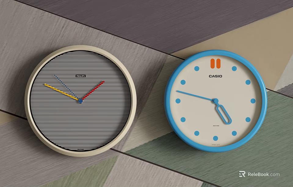 CASIO Wall Clocks Featuring Black And White Striped Dial And Blue Frame With Blue Dots 3d model 