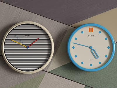 CASIO Wall Clocks Featuring Black And White Striped Dial And Blue Frame With Blue Dots 3d model
