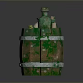 Vintage Wooden Barrel with Green Moss and White Hoops and Small Bottles on Top