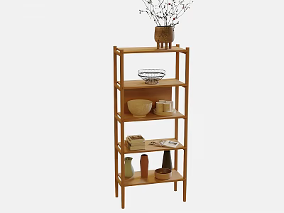 Minimalist Wooden Storage Shelf with Multiple Tiers and Decorative Bowls Books Vase 3d model
