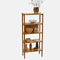 Minimalist Wooden Storage Shelf with Multiple Tiers and Decorative Bowls Books Vase