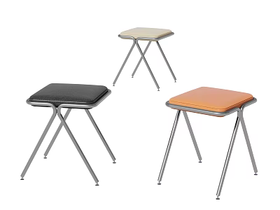 Set Of Three Modern Minimalist Stools With Silver Metal Legs And Black Beige Orange Seats 3d model
