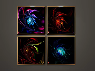 Colorful Abstract Paintings With Swirling Lines And Glowing Centers In Golden Frames On Dark Background 3d model