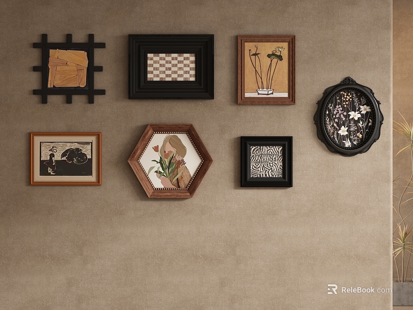 Photo Wall With Various Shaped Frames And Different Style Art Prints For Interior Decor 3d model 