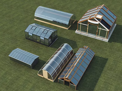Various Garden Greenhouses in Different Styles Placed on Green Grass 3d model
