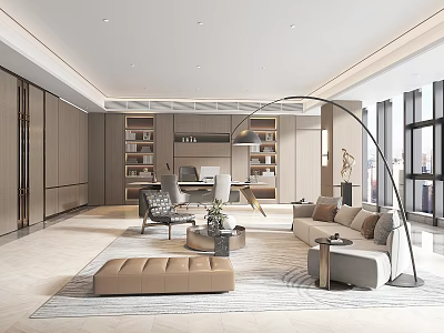 Modern Office Interior Design With Sofa Bookshelves Large Windows And Carpet 3d model