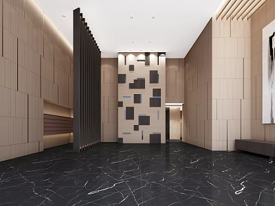 Modern Office Hallway With Wooden Walls Black Marble Floor And Geometric Pattern 3d model