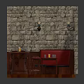 Cartoon Scene of Cozy Indoor Setting With Stone Walls Red Booth Wooden Tables and Stools
