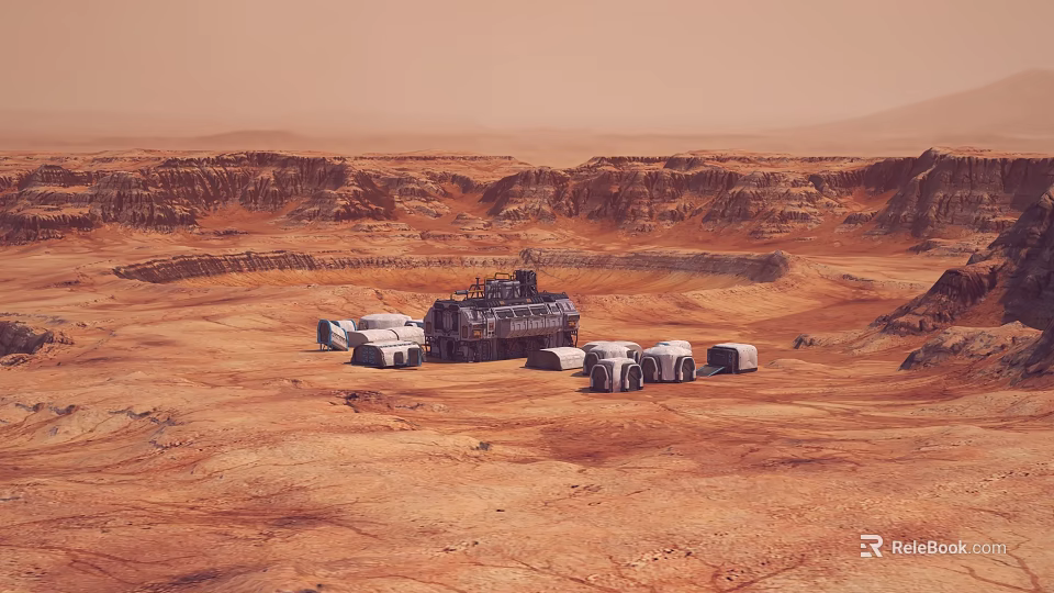 Martian Red Desert Ground With Rocky Terrain And Base Structures On Surface 3d model 