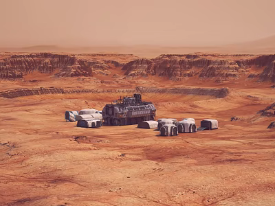 Martian Red Desert Ground With Rocky Terrain And Base Structures On Surface 3d model