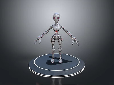 White Silver Sci Fi Robot with Red Eyes Game Movie Character on Black Circular Platform 3d model