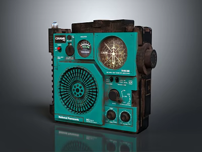 Vintage Teal Computer Gadget With Retro Design Analog Frequency Meter Knobs And Fan 3d model