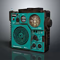 Vintage Teal Computer Gadget With Retro Design Analog Frequency Meter Knobs And Fan 3d model