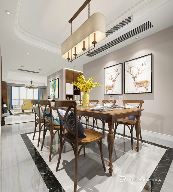 Elegant Dining Room With Wooden Table Chairs Vase Yellow Flowers Deer Paintings And Chandelier 3d model 