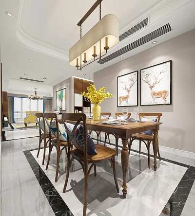 Elegant Dining Room With Wooden Table Chairs Vase Yellow Flowers Deer Paintings And Chandelier 3d model