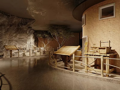 Ancient Cave Exhibition Area With Wooden Display Stands Trees Stone Walls And Smooth Ground 3d model