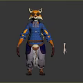 Detailed Anthropomorphic Fox Game Movie Character In Blue Outfit With Orange Tail And Gloves