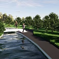 Scenic Park Landscape Featuring Green Lawn Trees Waterway People Walking And Blue Sky