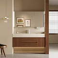 Modern Bathroom Vanity With Wooden Cabinets Mirror Countertop And Decorative Paintings