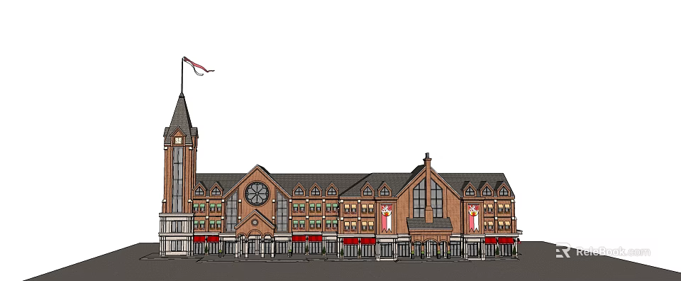Multi Story Building Exterior With Clock Tower Red Brick Facade Arched Windows And Red Awnings 3d model 