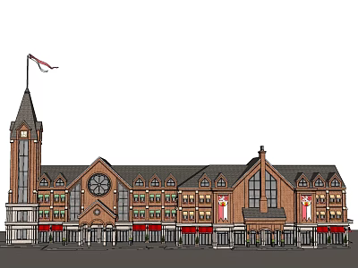 Multi Story Building Exterior With Clock Tower Red Brick Facade Arched Windows And Red Awnings 3d model
