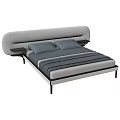 Modern Upholstered Double Bed with Curved Grey Headboard and Black Side Table