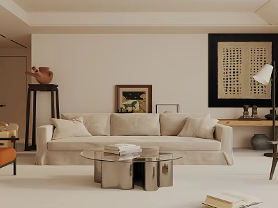 Minimalist Living Room Interior With Beige Sofa Glass Coffee Table Floor Lamp And Wall Art 3d model