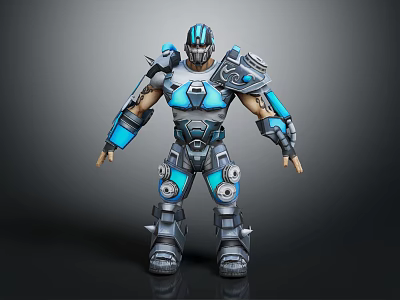 Blue and Silver Mechanical Warrior Character with Detailed Armor and Futuristic Design 3d model