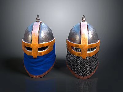 Medieval Helmets With Spiked Top Metal Shell Orange Stripes Blue Fabric And Chainmail Face Guards 3d model