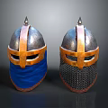 Medieval Helmets With Spiked Top Metal Shell Orange Stripes Blue Fabric And Chainmail Face Guards