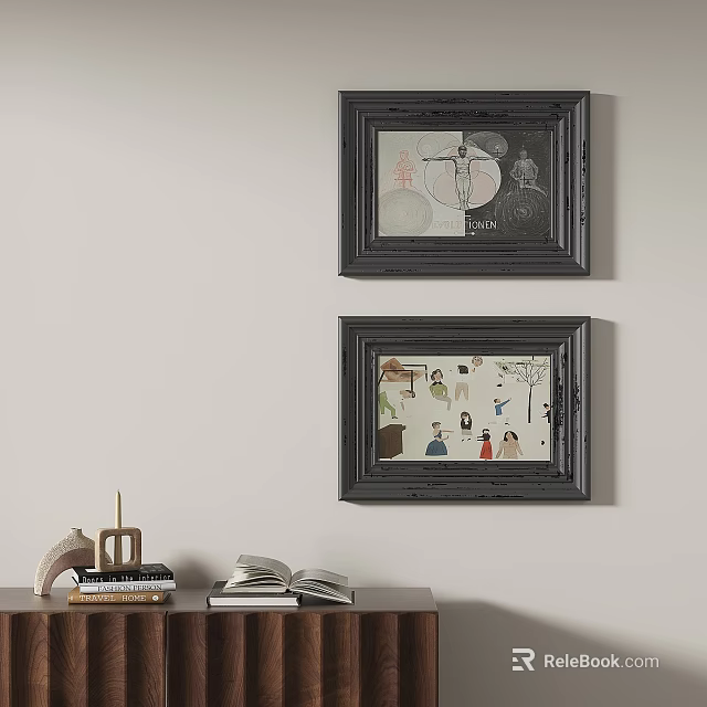 Abstract Paintings In Dark Frames On Wall With Decorations 3d model 