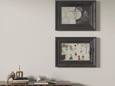 Abstract Paintings In Dark Frames On Wall With Decorations 3d model