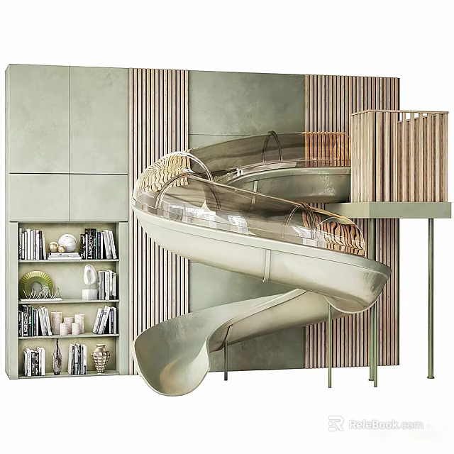 Modern Indoor Interior With Transparent Spiral Slide Bookshelf And Vertical Slat Wall 3d model 