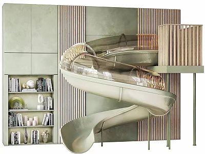 Modern Indoor Interior With Transparent Spiral Slide Bookshelf And Vertical Slat Wall 3d model