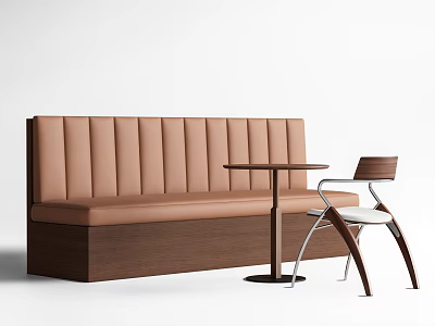Modern Brown Tufted Leather Banquette Sofa With Wooden Base Round Table And Chair 3d model