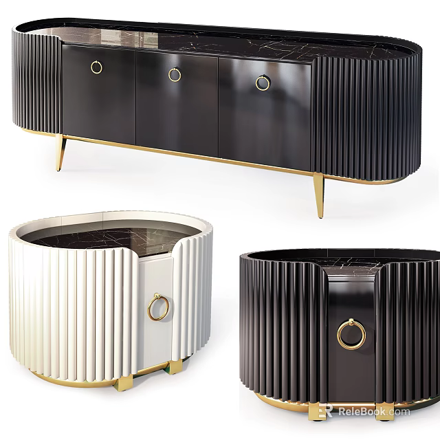 Modern TV Stand Design With Golden Handles Vertical Stripes And Black White Color Options 3d model 