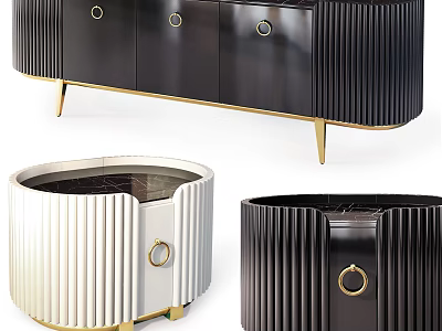 Modern TV Stand Design With Golden Handles Vertical Stripes And Black White Color Options 3d model