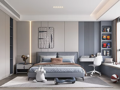Modern Kids Room Interior Design With Bed Desk Chair Toy Shelves Rug And Basketball 3d model